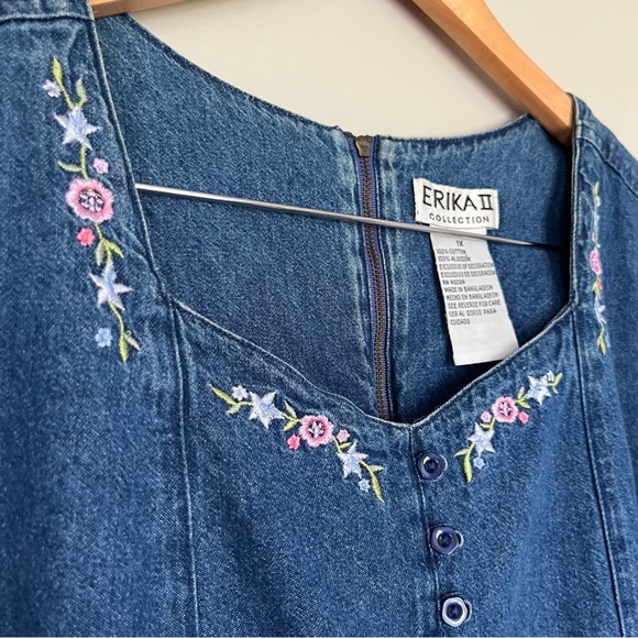 Vintage Embroidered Denim Floral Button Down Tie Back 90s Maxi Dress Size 1X - Picture 6 of 14